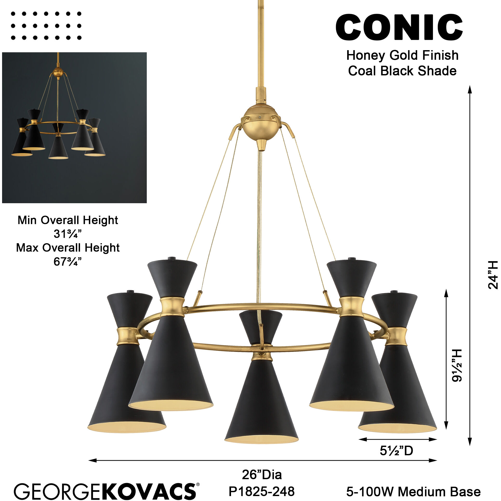 Conic 5 Light 26 inch Honey Gold Chandelier Ceiling Light